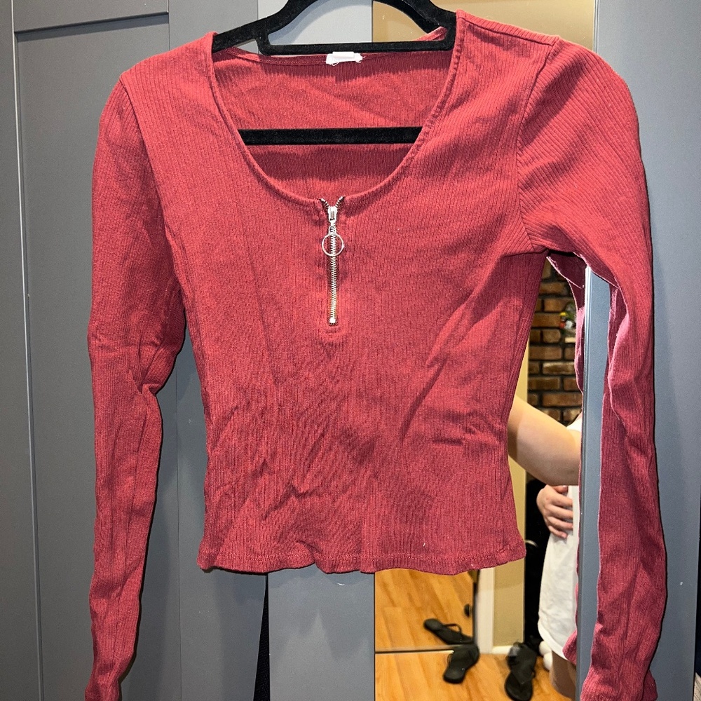 Garage Maroon Cropped Long Sleeve Shirt